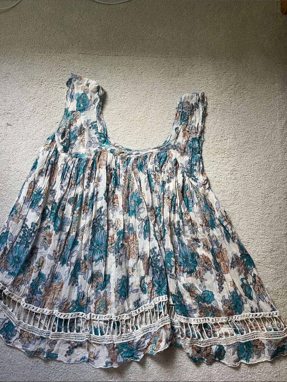 Bohemian Floral Crochet-Trim Tank in Teal, Tan & Cream